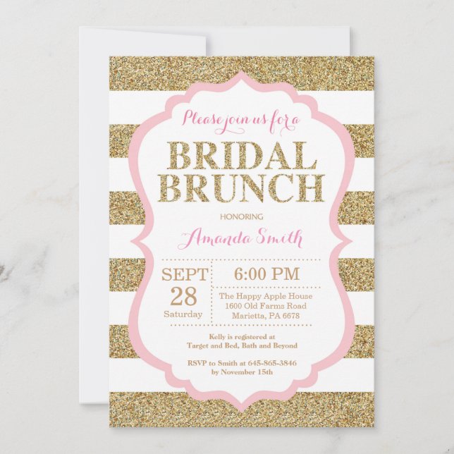 Convite de Brunch Nupcial Rosa e Dourado com Brilh (Frente)