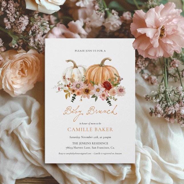 Convite de Brunch para Chás de Bebê de Abóbora de  (Fall Pumpkin Baby Brunch Invitation)
