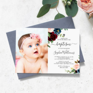 Convite De Burgundy & Marinho Floral Para Batismo