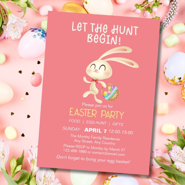 Convite de Caça ao Ovo de Páscoa de Café da Manhã  (Easter Party Invitation with Cute Bunny running for egg hunt)