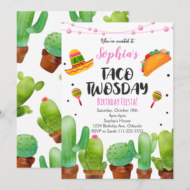 Convite de Cacto de Aquarela do Taco Twosday da Fe (Frente/Verso)