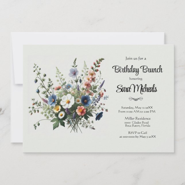 Convite de Café da Manhã de Aniversário com Buquê  (Frente)