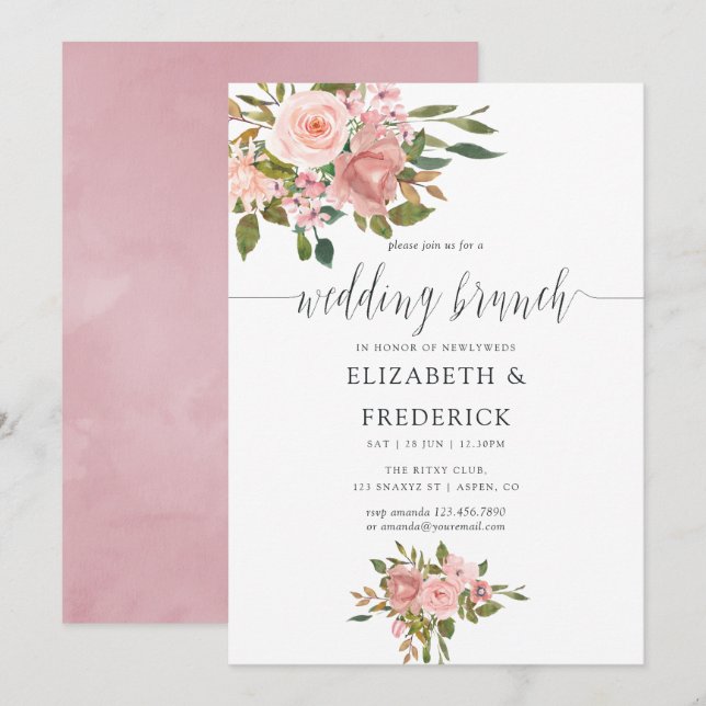 Convite de Café da Manhã de Casamento Rosa Bege e  (Frente/Verso)