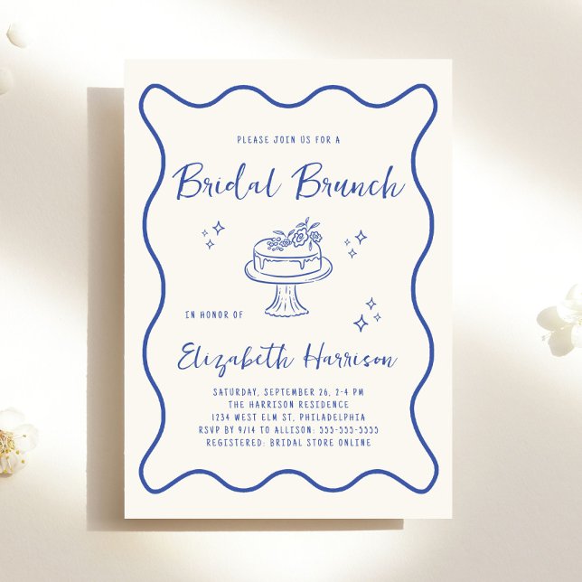 Convite de Café da Manhã de Noiva Azul Ondulado Fr (French Blue Wavy Frame Cream Bridal Brunch Shower Invitation)