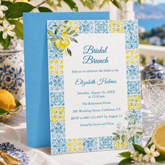 Convite de Café da Manhã de Noiva com Azulejo Azul (Mediterranean Blue Tile Lemon Bridal Brunch Invitation)