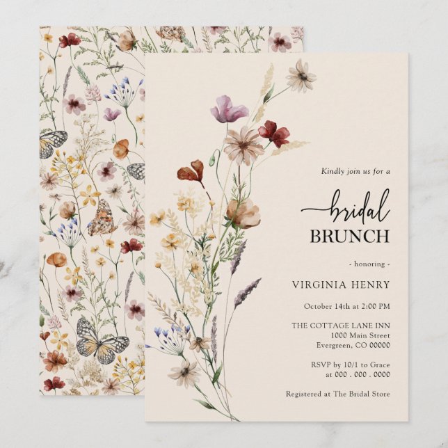 Convite de Café da Manhã Nupcial Floral Boho (Frente/Verso)