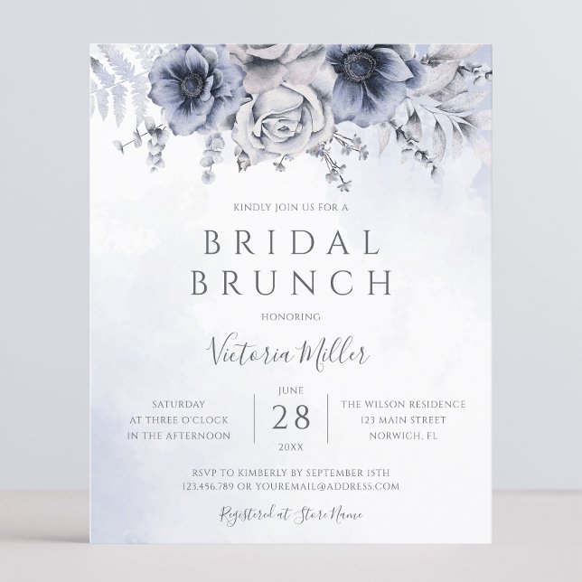 Convite de Café da Noite Nupcial Floral Azul Poeir (Criador carregado)