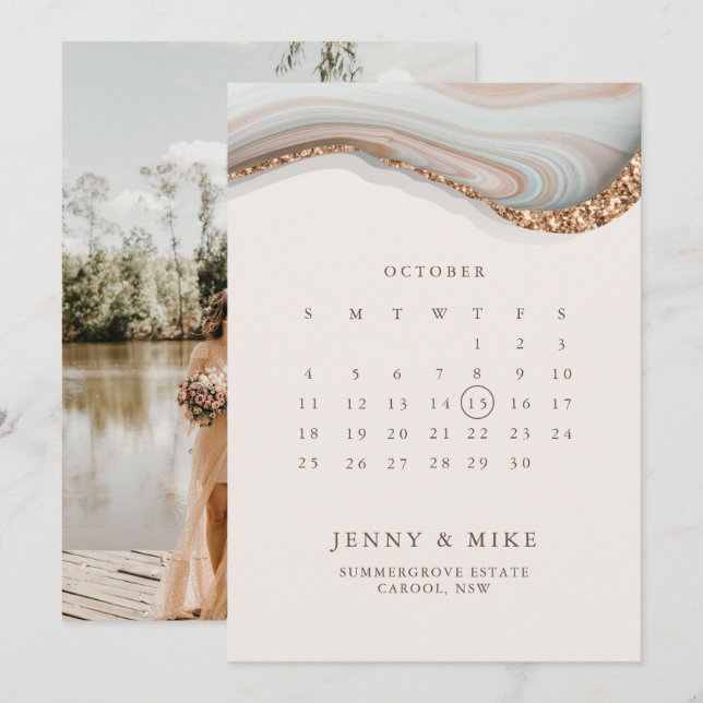 Convite de Calendário de Mármore para Salvar a Dat (Frente/Verso)