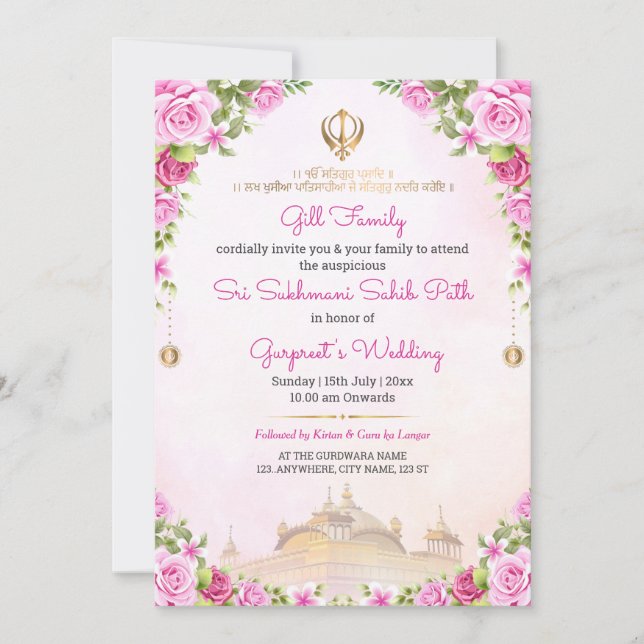 Convite de Caminho Sukhmani Sahib Floral Rosa Suav (Frente)