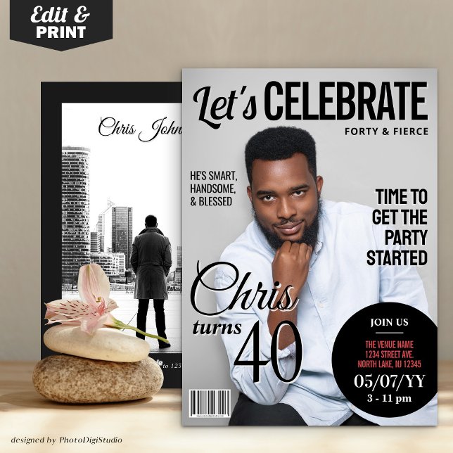 Convite de Capa de Revista de Aniversário | Convit (Birthday Magazine Cover Invitation | Modern Invite)