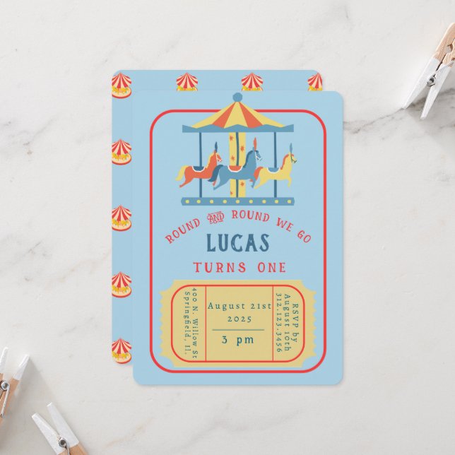 Convite de Carousel Birthday (Frente/Verso In Situ)