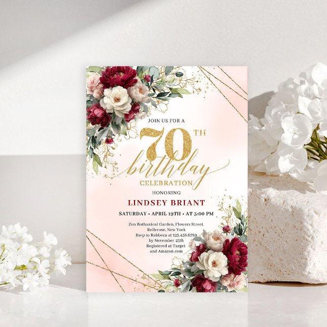 Convite de carro elegante floral dourado para 70º  (Gold floral elegant 70th birthday party invite card

)