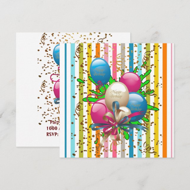 Convite de Cartão de Aniversário Balões (Frente/Verso)