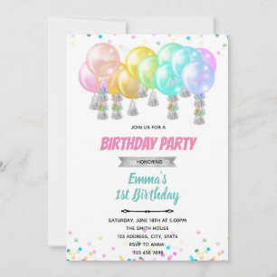 Convite de cartão de aniversário de balão pastel
