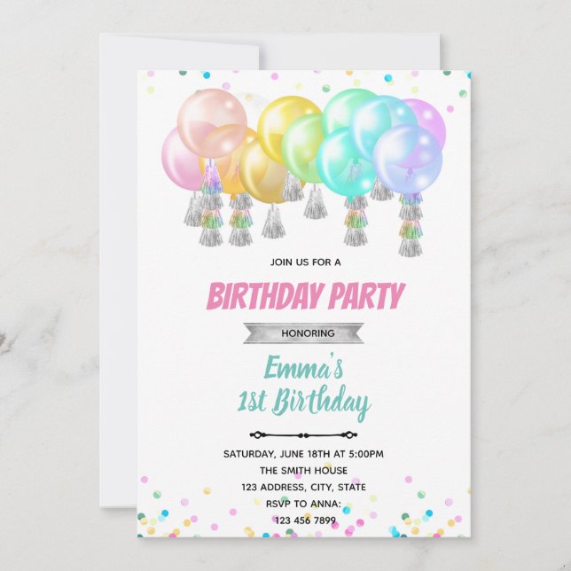 Convite de cartão de aniversário de balão pastel (Frente)