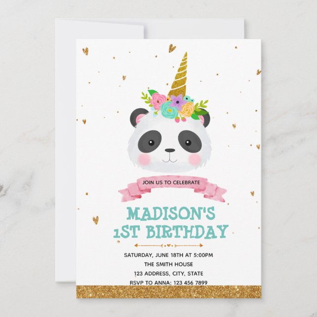 Convite de cartão de aniversário de panda unicórni (Frente)