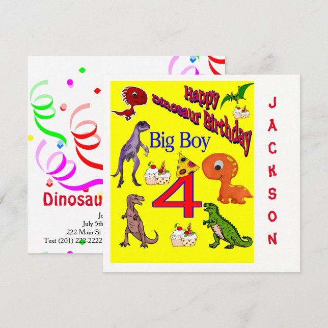 Convite de Cartão de Aniversário Dinossauro (Frente/Verso)
