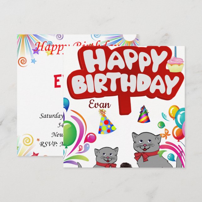 Convite de Cartão de Aniversário Gatos (Frente/Verso)