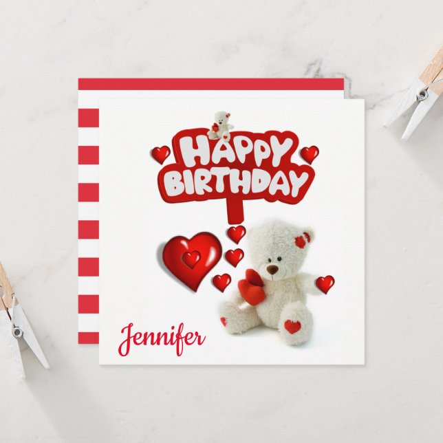 Convite de Cartão de Aniversário Urso Teddy Branco (Frente/Verso In Situ)