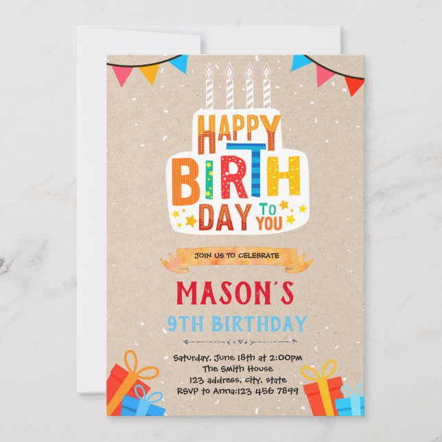 Convite de cartão de bolo de aniversário feliz (Frente)