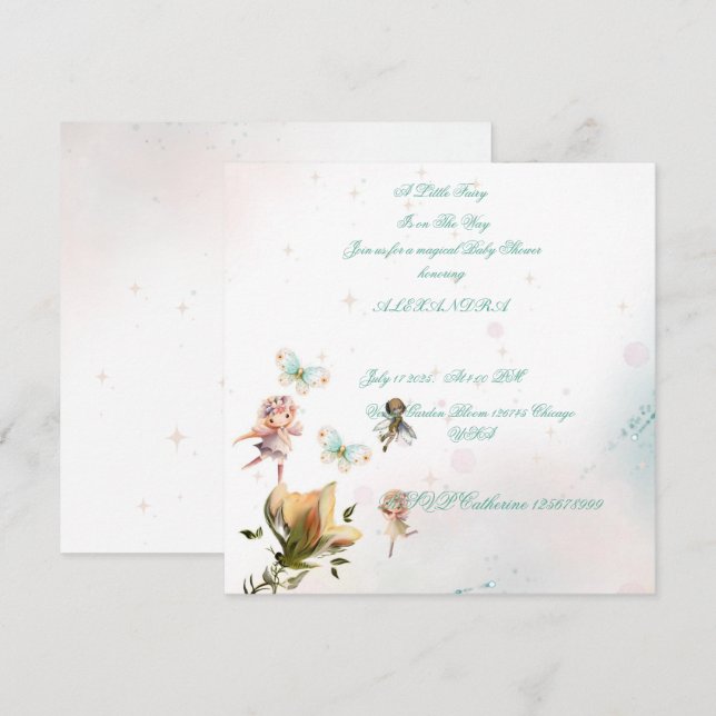 Convite de cartão de jardim de fada caprichoso par (Frente/Verso)