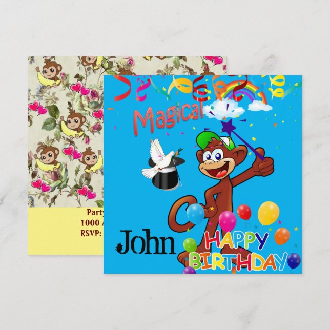 Convite de Cartão do Macaco do Aniversário Balões (Frente/Verso)