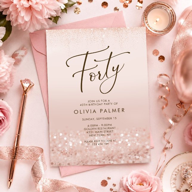 Convite de Cartão para 40º Aniversário em Brilho d (Rose Gold Glitter 40th Birthday Invitation Card)