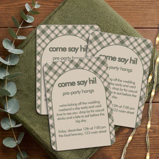 Convite de Cartão para Festa de Boas-Vindas em Xad (Welcome Party information card from the Sage Green Retro Plaid Wedding Collection by Darling & May)