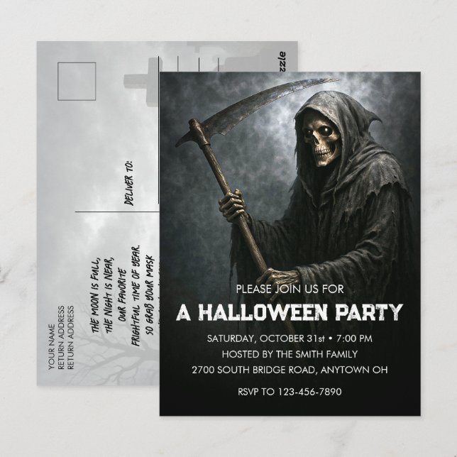 Convite de cartão-postal para festa de Halloween d (Frente/Verso)