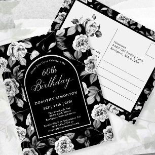 Convite de Cartão Postal Preto Branco Floral 60 An