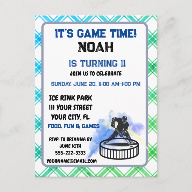 Convite de cartão postal tema jogador de hóquei no (Frente)