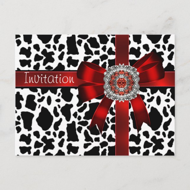 Convite de Cartão Postal Vaca Laço Vermelho Preto  (Frente)