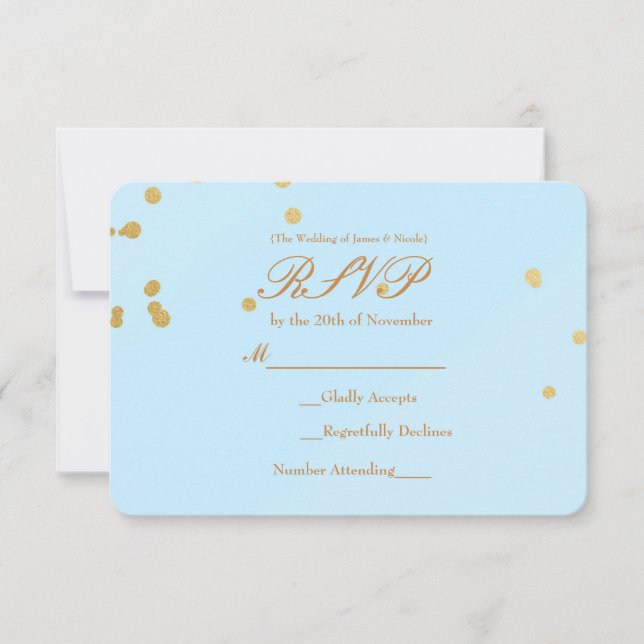 Convite de cartão RSVP de Confetti Azul e Dourado (Frente)