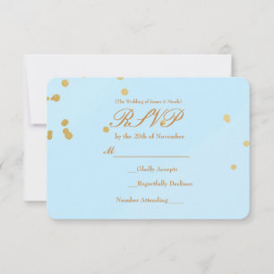 Convite de cartão RSVP de Confetti Azul e Dourado