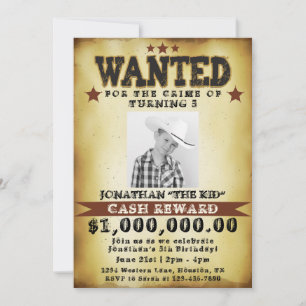 Convite de Cartaz de Procurado de Caubói de Aniver