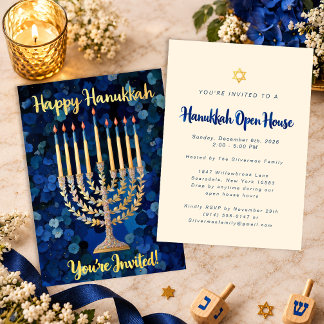 Convite de Casa Aberta para Hanukkah Floral Azul E