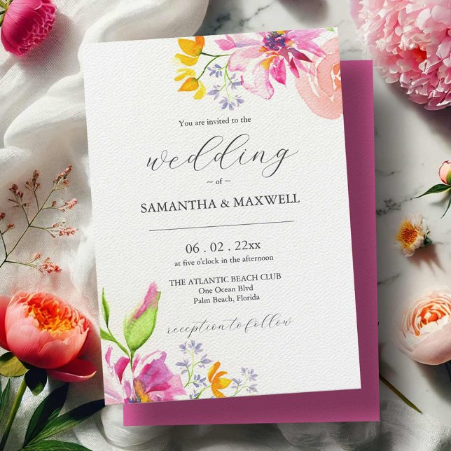 Convite De Casamento (Bold wedding invitations watercolor pink and orange flowers by Victoria Grigaliunas DoTellABelle)