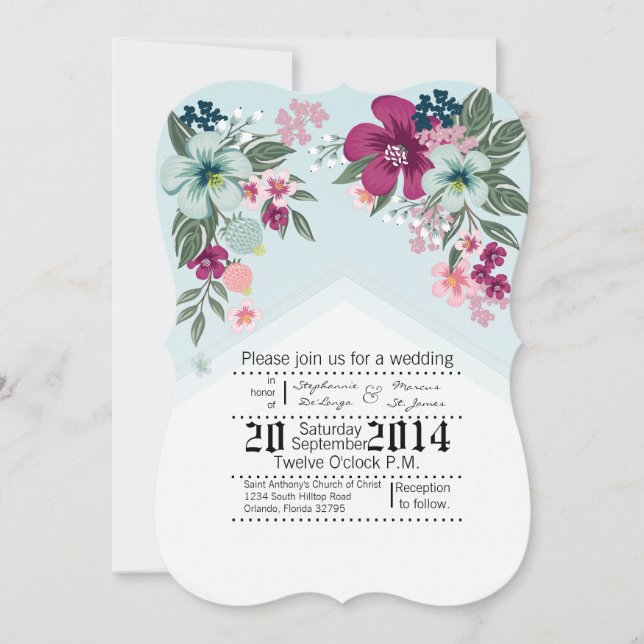 Convite de casamento 1x7 Flor tropical em Blue Omb (Frente)