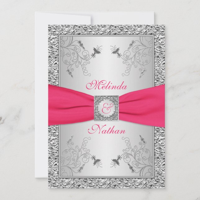 Convite de casamento 2 de Prata, Rosa-Quente, IMPR (Frente)