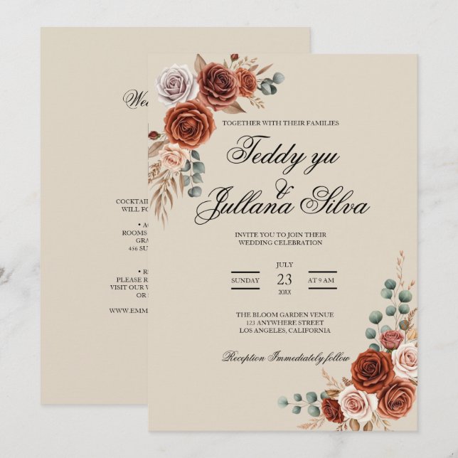 Convite de casamento 2 em 1 código qr terracota bo (Frente/Verso)