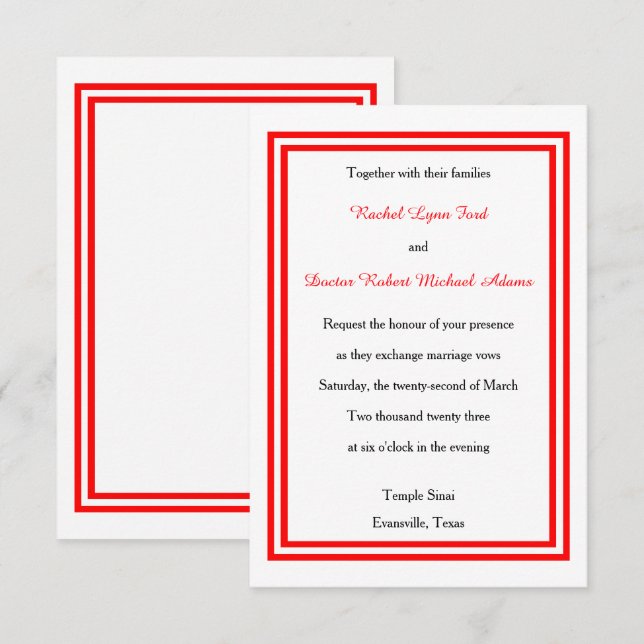 Convite de Casamento 3x5 - Corte Duplo Vermelho (Frente/Verso)