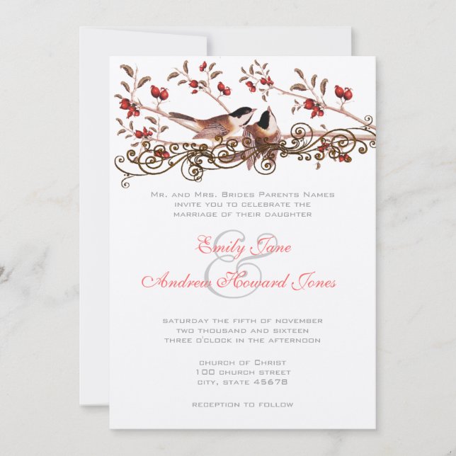 Convite de Casamento 5 x 7 Vintage Chickadees (Frente)