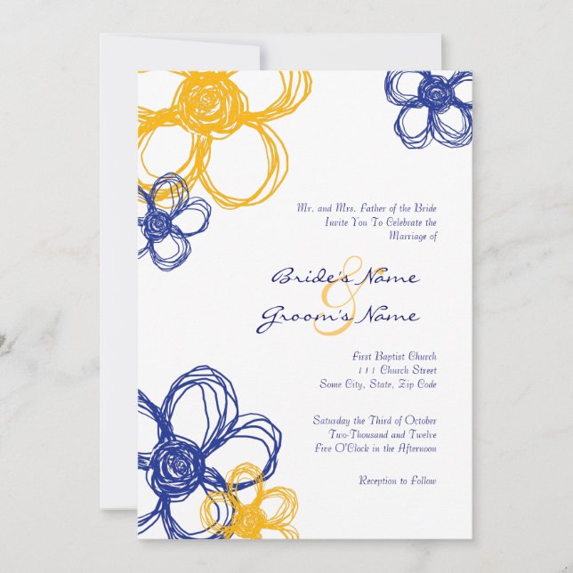 Convite de Casamento 5x7 Flores Silvestres Azuis e (Frente)