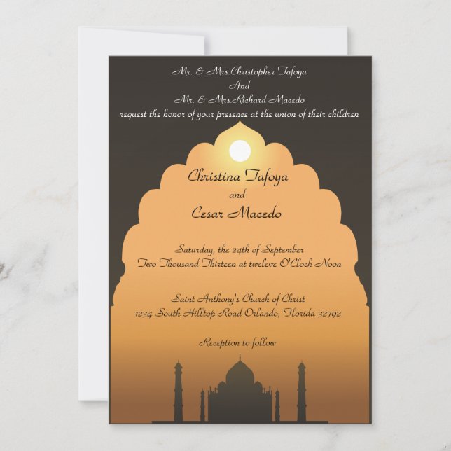 Convite De Casamento 5x7 O Taj Mahal Sunset (Frente)
