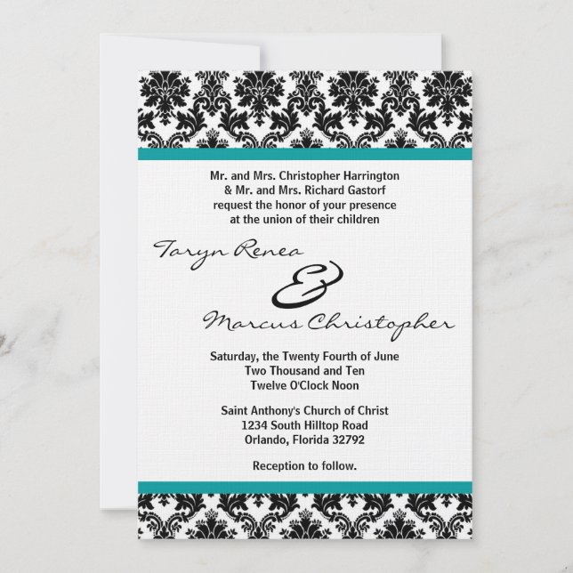 Convite de Casamento 5x7 Preto Damask e Linho Azul (Frente)