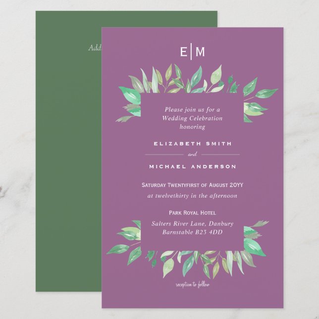 Convite de casamento A9 Verde Verde-Mauve Floral (Frente/Verso)