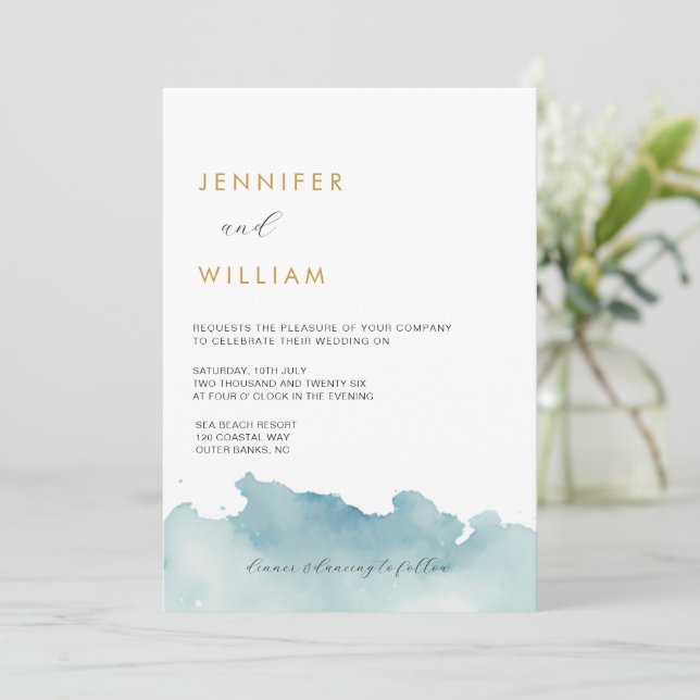Convite de Casamento à Beira-Mar com Aquarela Mode (Em pé/Frente)
