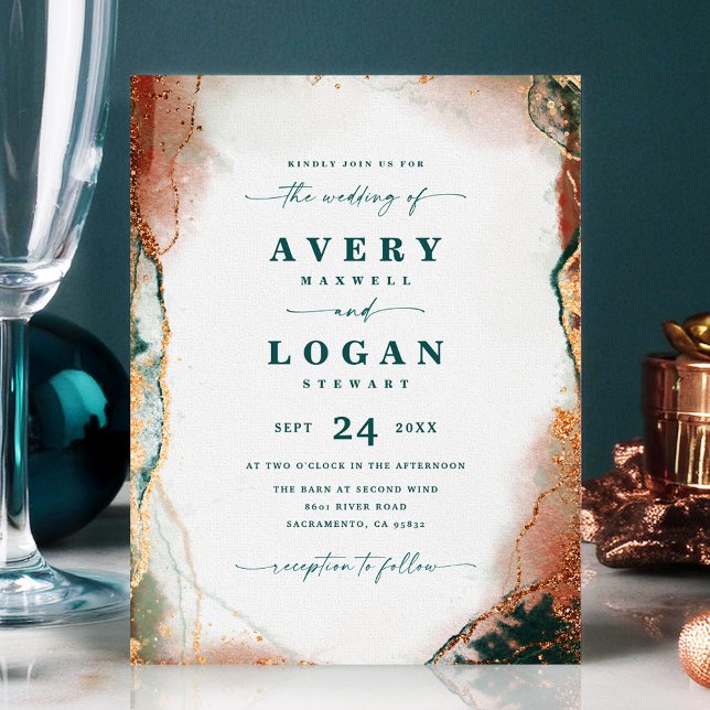 Convite de Casamento Abstrato Etéreo em Azul Turqu (Teal and Copper Abstract Wedding Invitation)