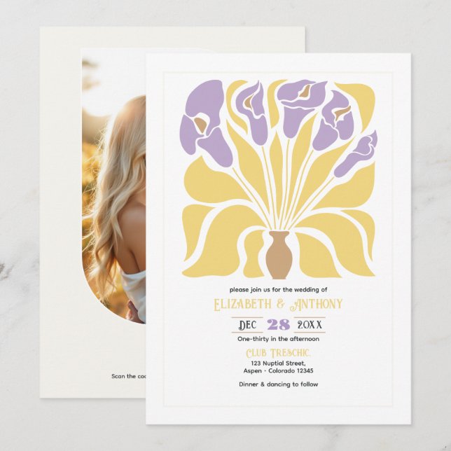 Convite de Casamento Abstrato Floral Boho Borbolet (Frente/Verso)