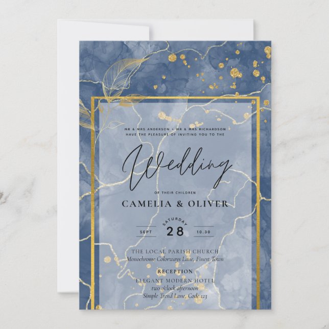 Convite de casamento abstrato LeahG azul marinho d (Frente)